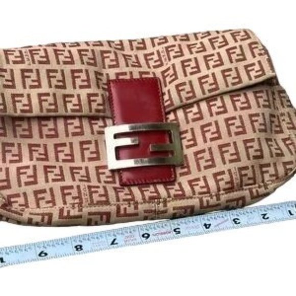 Fendi red Zucchino print baguette bag w chrome FF clasp - Picture 14 of 16